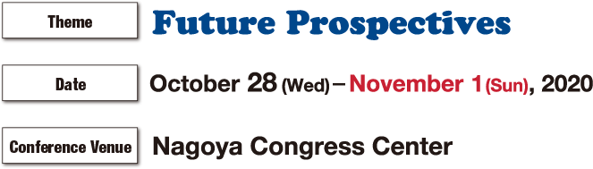 Congress Theme:Future Prospectives / Date:October 28 (Wed)－ 31 (Sat), 2020  / Conference Venue:Nagoya Congress Center